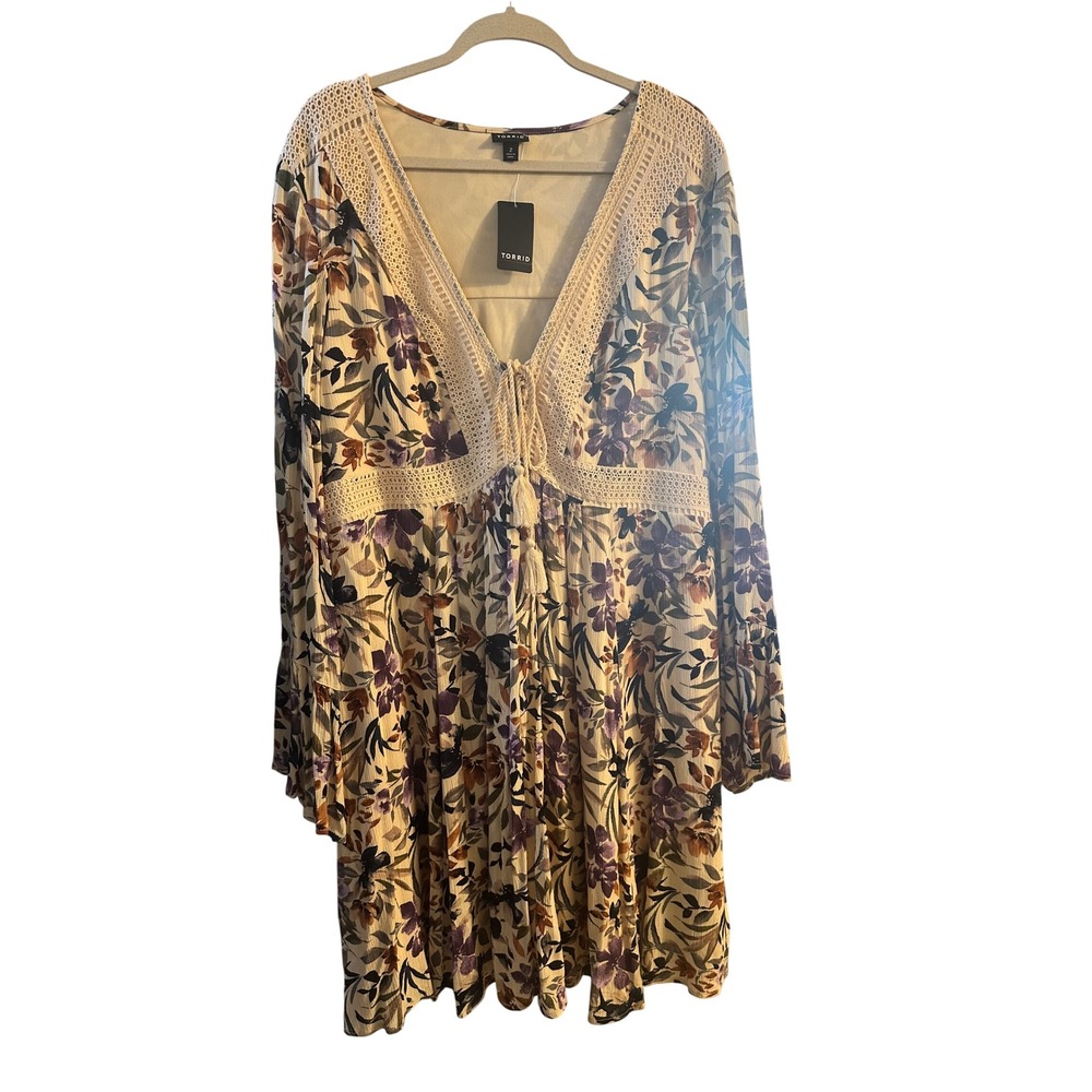 Torrid Women 2X 18-20 Sand Floral Lace Up Gauze Mini Dress Long Bell Sleeve New